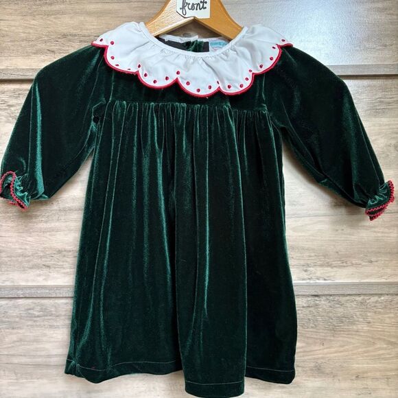 Green Velvet Holiday Dress with White Scalloped Collar & Red Accents girls 2T - Picture 7 of 9